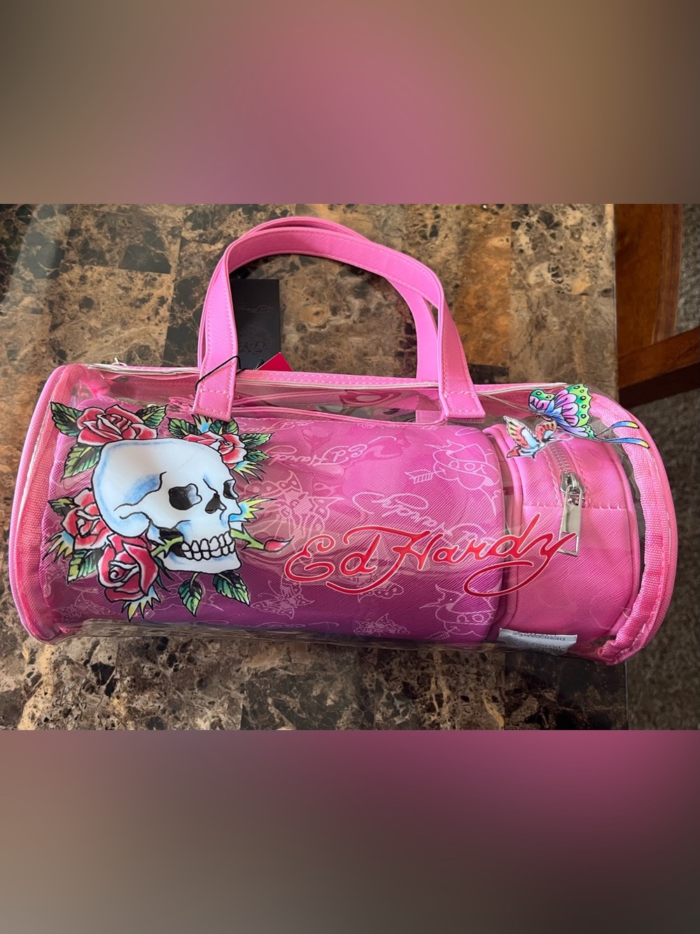 Ed Hardy Pink Barrel Tote with Skull, Rose & Butterfly Graphics 3 piece set.